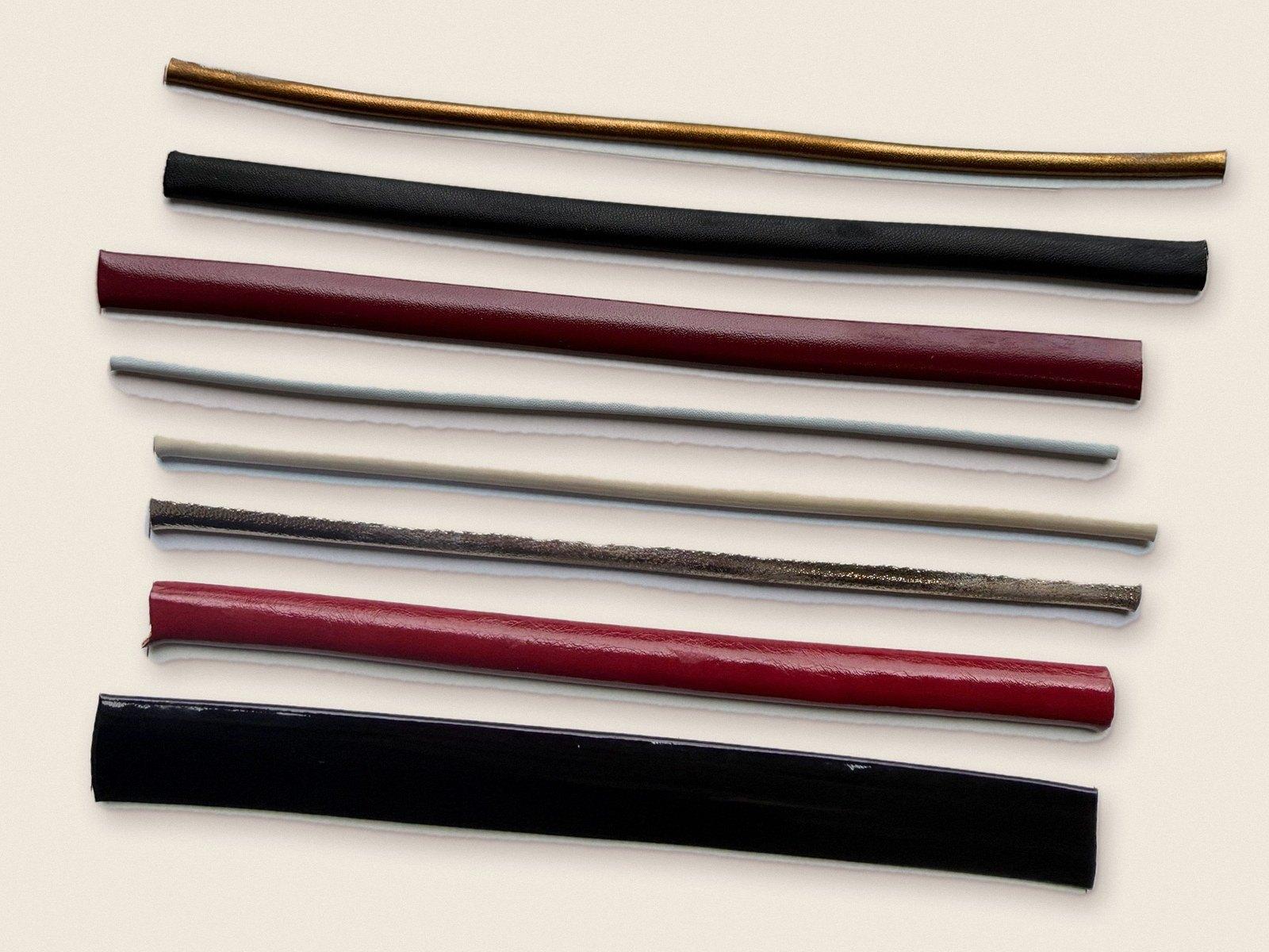 Tiras meia cana DoraBella em dourado, preto, vinho, azul-claro, nude, metalizado, vermelho e verniz preto